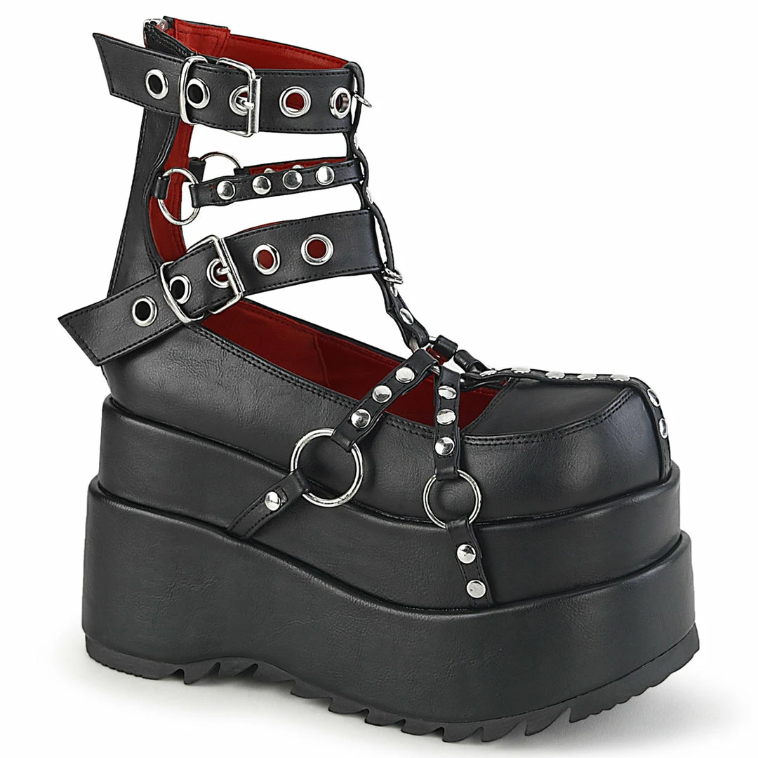 DEMONIA Bear-28 Black O Ring Studs Straps Tiered 4.5" Platform Ankle Cage Boots