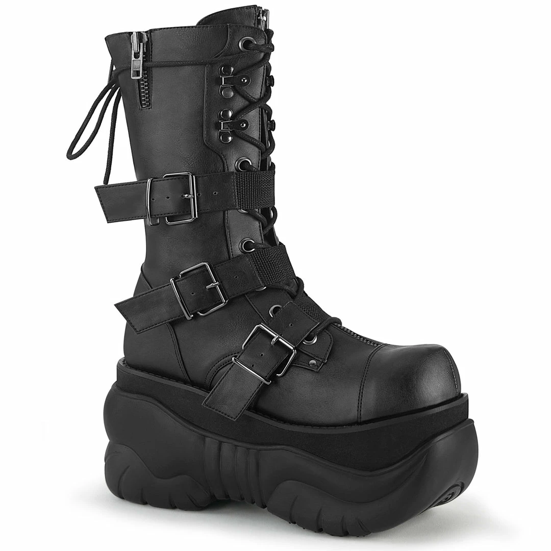 DEMONIA Boxer-230 Men's Unisex Nylon Strap Goth Rocker Cyber Platform Calf Boots
