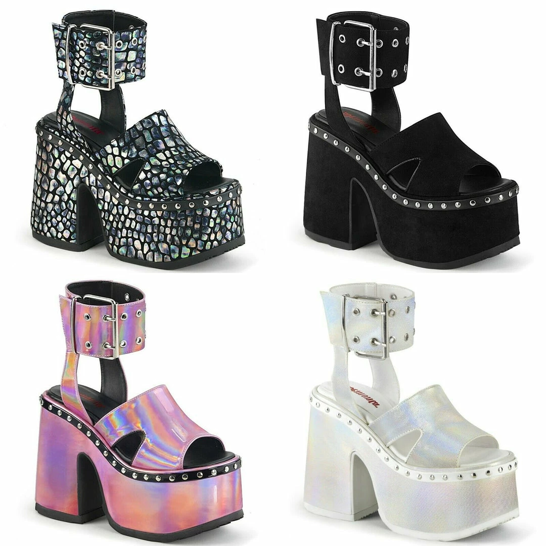 DEMONIA CAMEL-102 Blk Nubuck Hologram Print Goth Punk Sandals Platform Heels