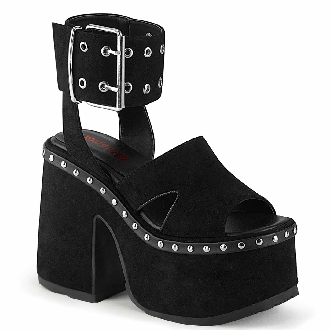 DEMONIA CAMEL-102 Blk Nubuck Hologram Print Goth Punk Sandals Platform Heels