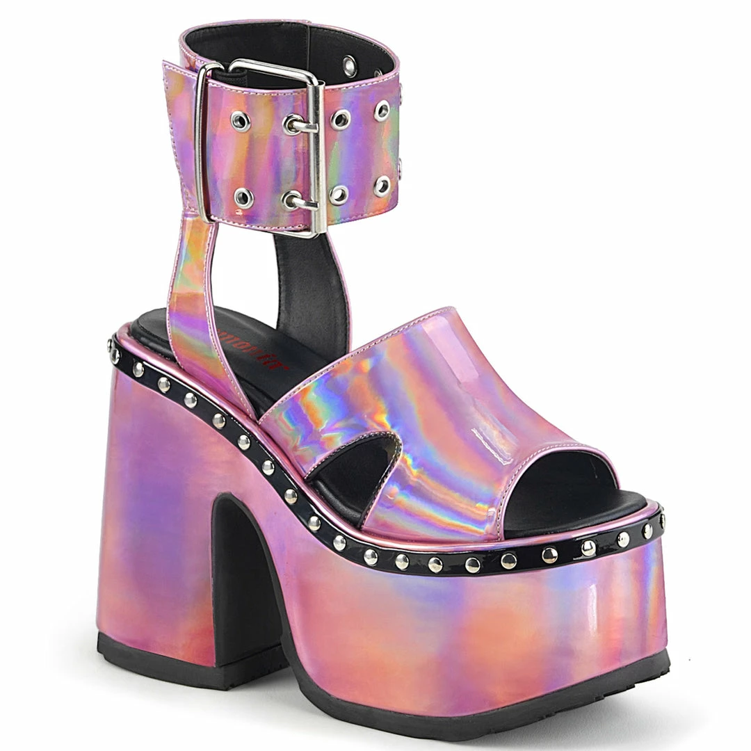 DEMONIA CAMEL-102 Blk Nubuck Hologram Print Goth Punk Sandals Platform Heels