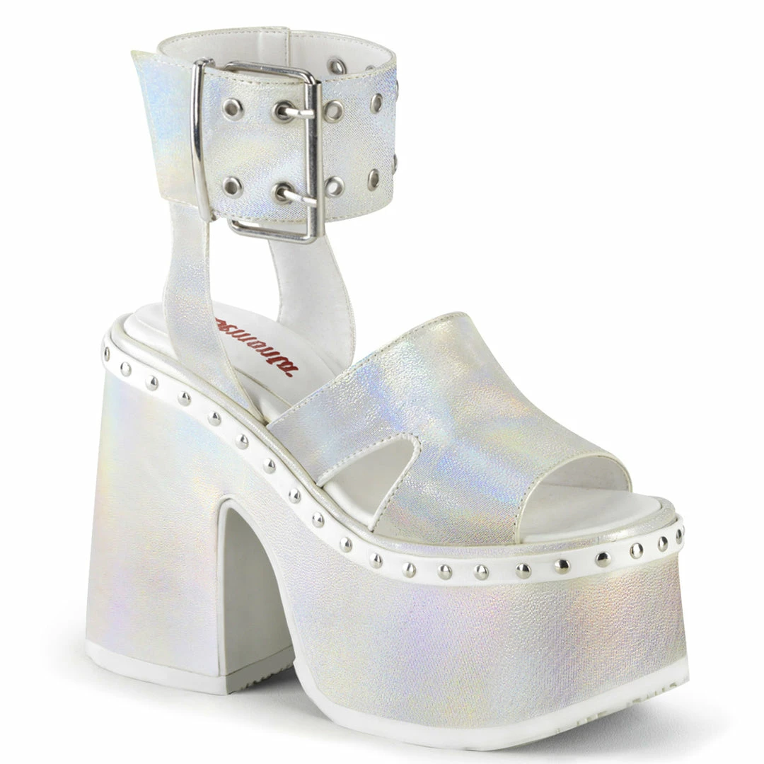DEMONIA CAMEL-102 Blk Nubuck Hologram Print Goth Punk Sandals Platform Heels