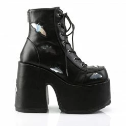 DEMONIA Camel-201 Silver Bat Hologram Studs Goth Chunky Thick Heels Ankle Boots