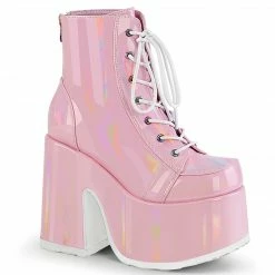 DEMONIA Camel-203 Pink Hologram Goth Festival Platform 5" Chunky Heels Boots