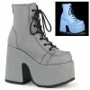 DEMONIA Camel-203 Grey Reflective Festival Goth Platform 5" Chunky Heel Boots