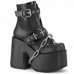 Heels DEMONIA Camel-205 Black Chains Lock & Key Goth Chunky Heel Ankle Boots