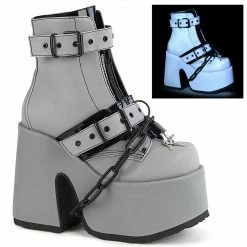 DEMONIA Camel-205 Grey Reflective Chains Lock & Key Goth Chunky Heel Ankle Boots Heels