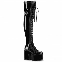 DEMONIA CAMEL-300 Black Stretch Patent Goth Thigh High 5" Platform Boots