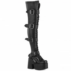 DEMONIA CAMEL-305 Black Stretch Faux Leather Goth Thigh High 5" Platform Boots