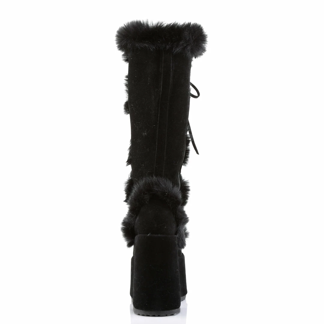 DEMONIA Camel-311 Black Vegan Suede Faux Fur Winter Goth 5" Platform Boots