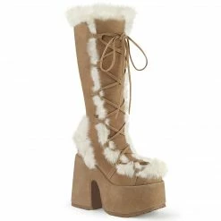 DEMONIA Camel-311 Camel Vegan Suede Faux Fur Winter 5" Platform Boots