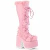 DEMONIA Camel-311 Pastel Pink Vegan Leather Faux Fur Winter 5" Platform Boots