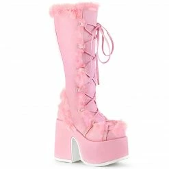 DEMONIA Camel-311 Pastel Pink Vegan Leather Faux Fur Winter 5" Platform Boots