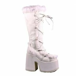 DEMONIA Camel-311 White Vegan Leather Faux Fur Winter 5" Platform Boots