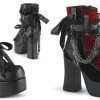DEMONIA Charade-110 Black Goth Ribbon Lace Chains Thick Block Heel Ankle Boots