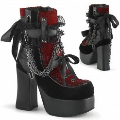 DEMONIA Charade-110 Black Goth Ribbon Lace Chains Thick Block Heel Ankle Boots