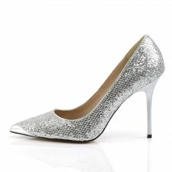 DISCONTINUED PLEASER Classique-20 Silver Glitter Pumps Heel Large Plus Size 5-16
