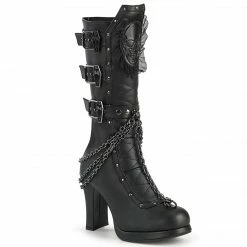DEMONIA Crypto-67 Coffin Buckle Chains Skull Patch Goth Knee Boots 4" Heels