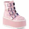 DEMONIA Damned-105 Pink Hologram 4 Straps Metal Buckles Goth Kawaii Ankle Boots