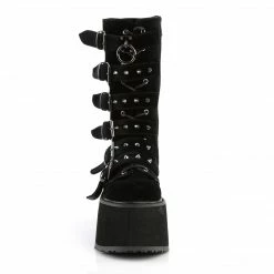 DEMONIA Damned-225 Black Velvet Goth Spike Buckles Calf 3.5" Platform Boots