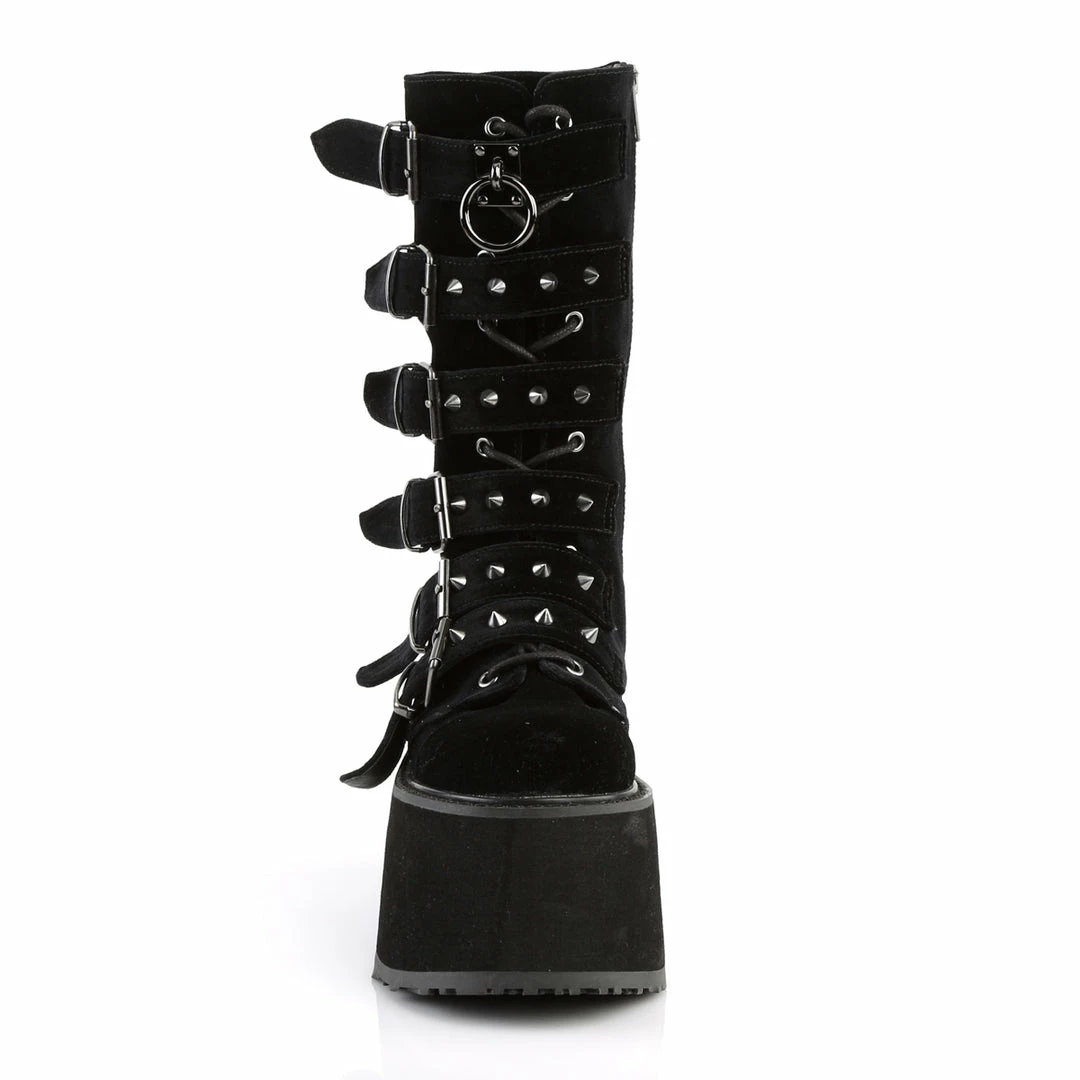 DEMONIA Damned-225 Black Velvet Goth Spike Buckles Calf 3.5" Platform Boots