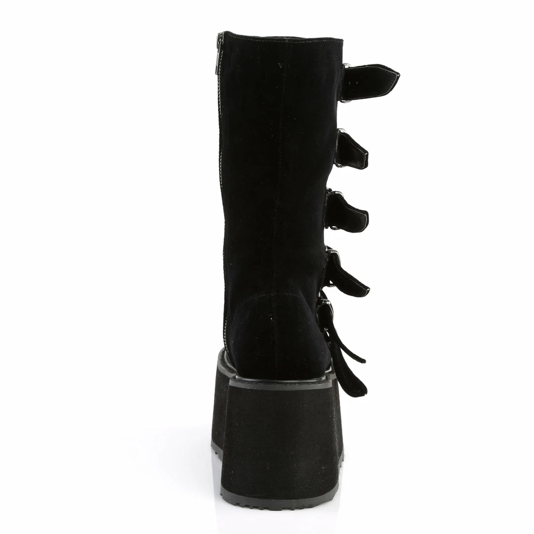 DEMONIA Damned-225 Black Velvet Goth Spike Buckles Calf 3.5" Platform Boots