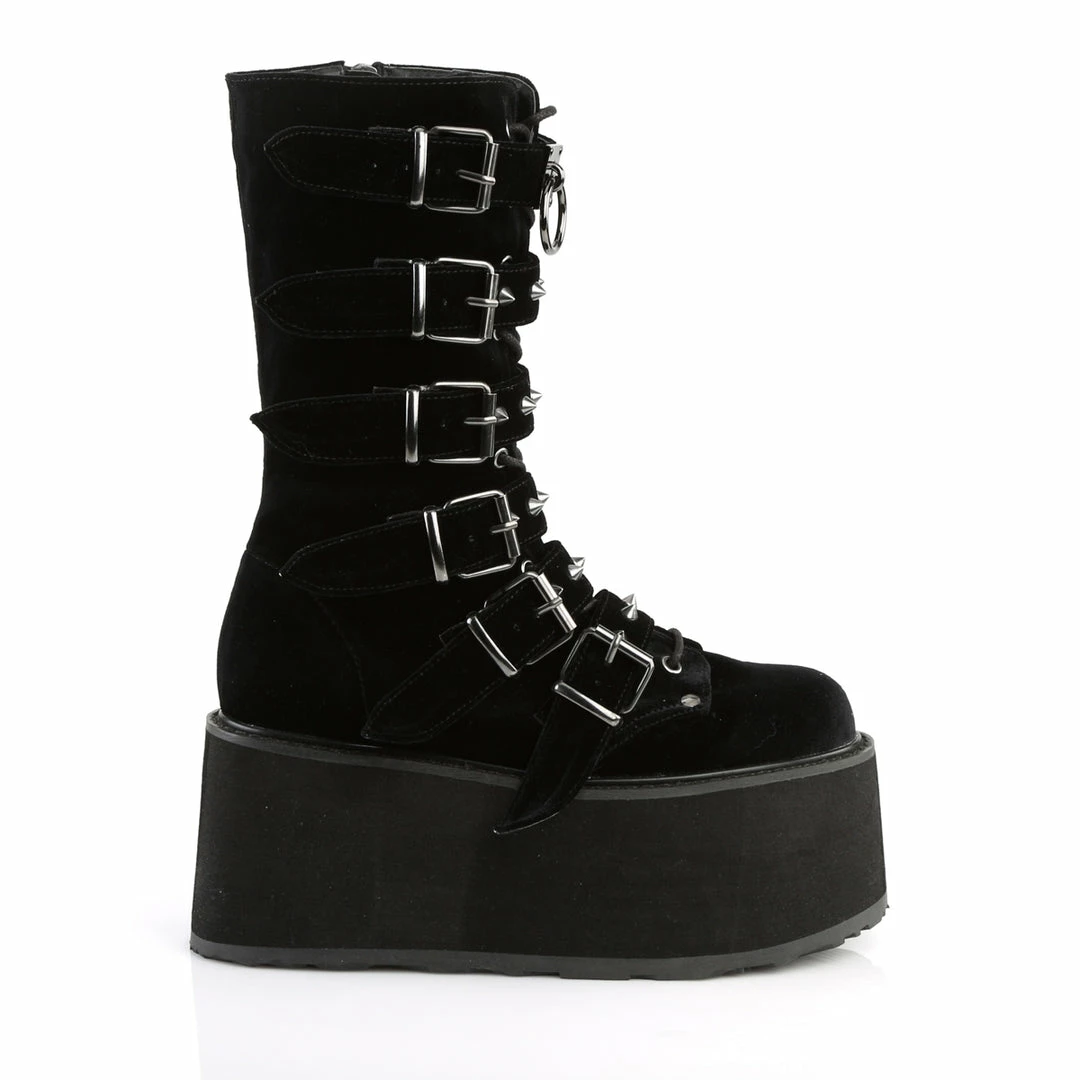 DEMONIA Damned-225 Black Velvet Goth Spike Buckles Calf 3.5" Platform Boots
