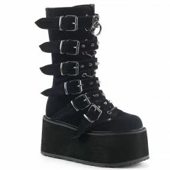 DEMONIA Damned-225 Black Velvet Goth Spike Buckles Calf 3.5" Platform Boots