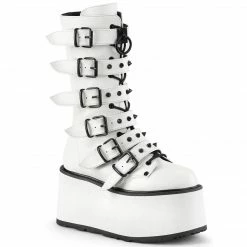 DEMONIA Damned-225 White Vegan Leather Goth Spikes Buckles Platform Calf Boots