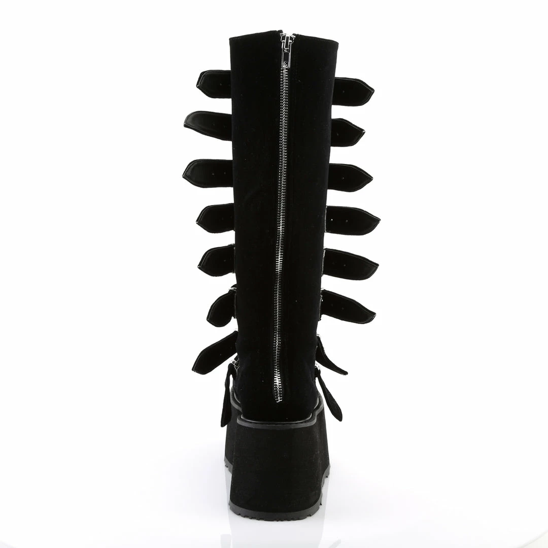 DEMONIA Damned-318 Black Velvet Goth Spike Buckles Platform Knee Boots