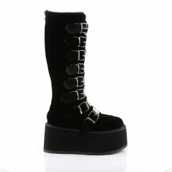 DEMONIA Damned-318 Black Velvet Goth Spike Buckles Platform Knee Boots