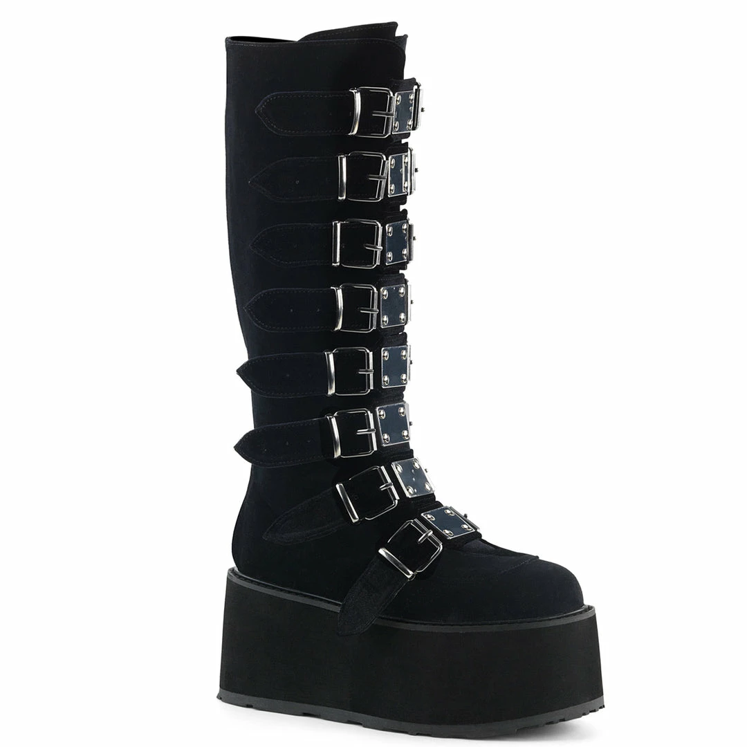 DEMONIA Damned-318 Black Velvet Goth Spike Buckles Platform Knee Boots