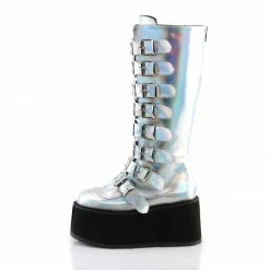 DEMONIA Damned-318 Silver Hologram Goth Spike Buckles Platform Knee Boots