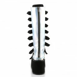 DEMONIA Damned-318 Silver Hologram Goth Spike Buckles Platform Knee Boots