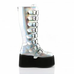 DEMONIA Damned-318 Silver Hologram Goth Spike Buckles Platform Knee Boots