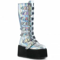 DEMONIA Damned-318 Silver Hologram Goth Spike Buckles Platform Knee Boots