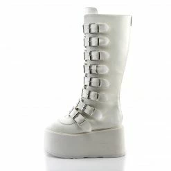 DEMONIA Damned-318 White Vegan Leather Goth Spike Buckles Platform Knee Boots
