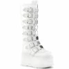DEMONIA Damned-318 White Vegan Leather Goth Spike Buckles Platform Knee Boots
