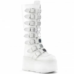 DEMONIA Damned-318 White Vegan Leather Goth Spike Buckles Platform Knee Boots