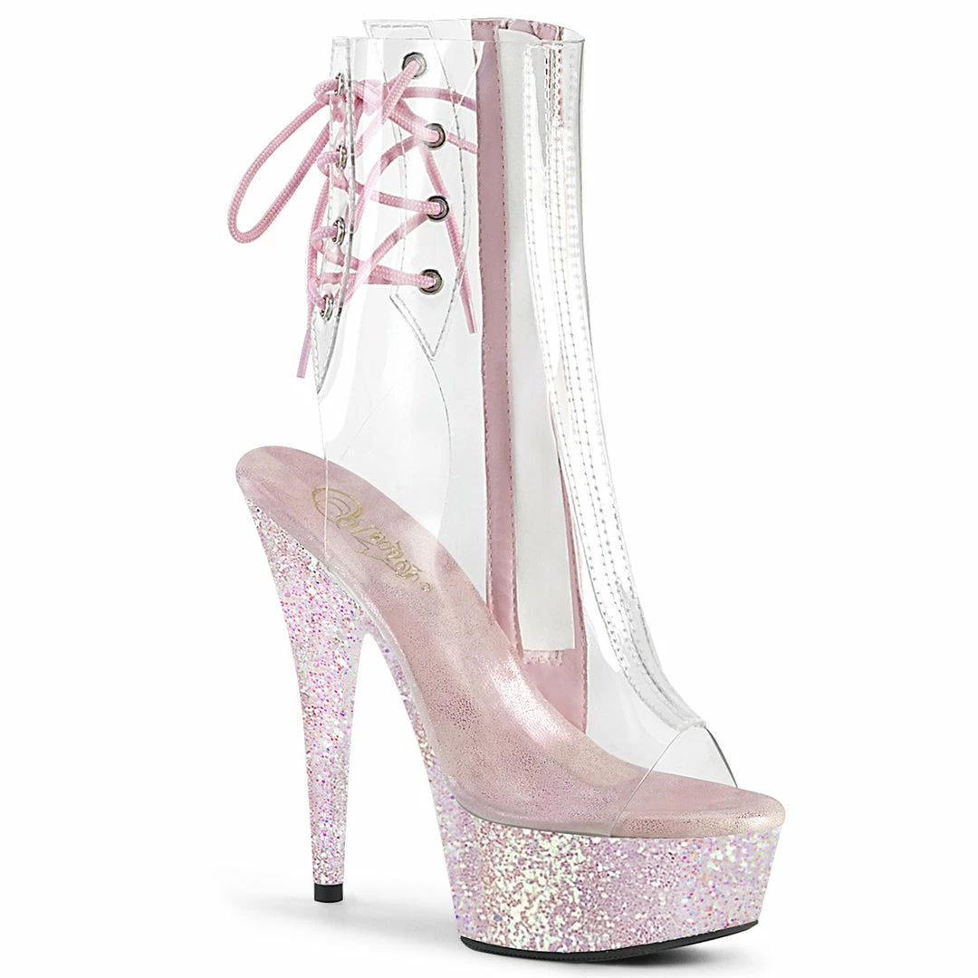 PLEASER Delight-1018C Clear Opal Glitter Pole Club Peep Toe Platform Ankle Boots