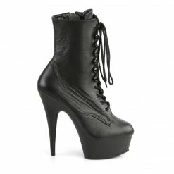 PLEASER Delight-1020 Black Real Leather Lace Up Zip Platform 6