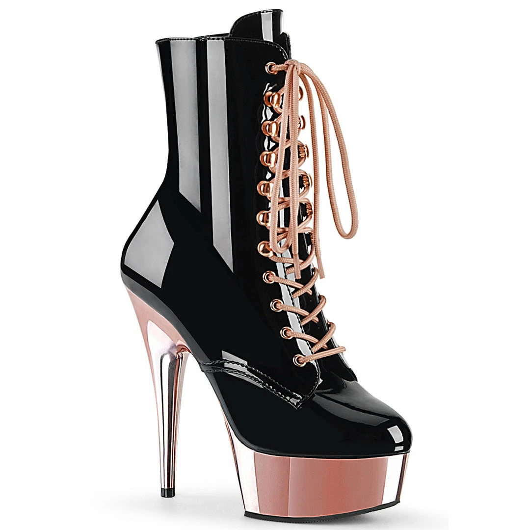 PLEASER Delight-1020 Black Rose Gold Chrome 6" Heels Ankle Calf Platform 6" Boots