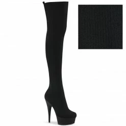 Boots PLEASER Delight-3002-1 Black Knit Fabric Pull On Skin Tight Exotic 6" Thigh Boot