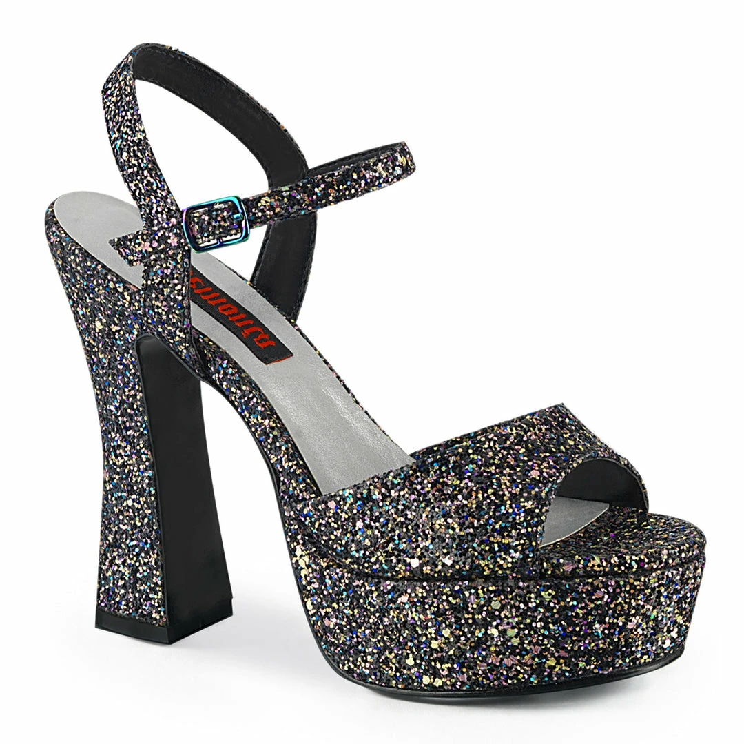 DEMONIA Dolly-09 Black Multi Glitter Thick Block Chunky Heels Platforms Sandals