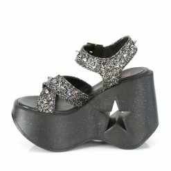 DEMONIA Dynamite-02 Black Multi Glitter Spike Goth Punk Star Cutout Wedge Sandal Heels