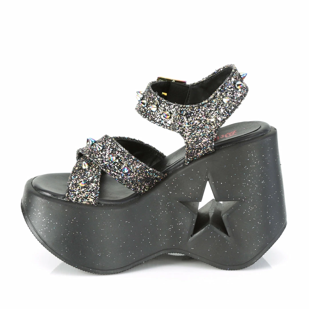 DEMONIA Dynamite-02 Black Multi Glitter Spike Goth Punk Star Cutout Wedge Sandal Heels
