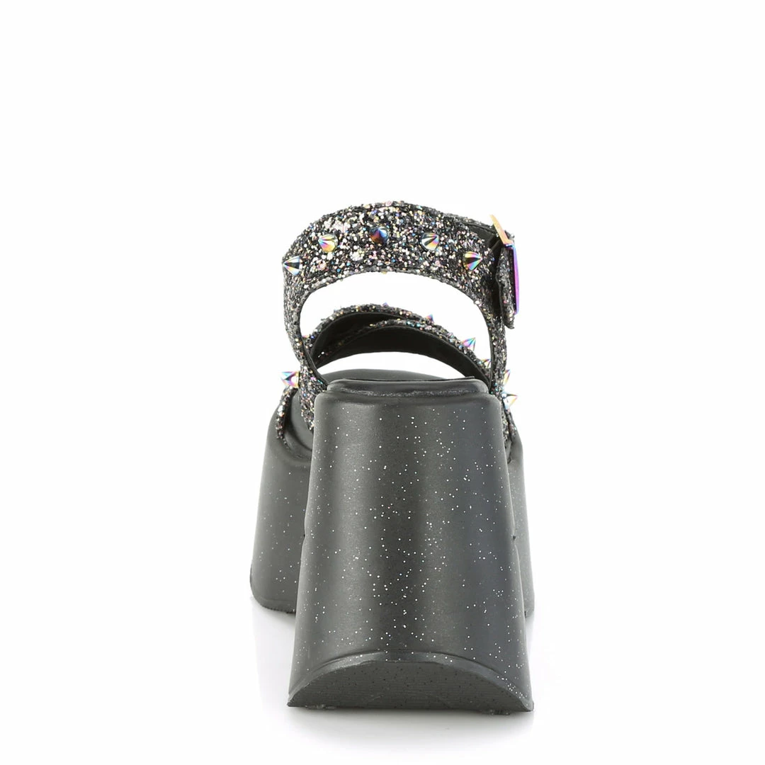 DEMONIA Dynamite-02 Black Multi Glitter Spike Goth Punk Star Cutout Wedge Sandal Heels