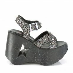 DEMONIA Dynamite-02 Black Multi Glitter Spike Goth Punk Star Cutout Wedge Sandal Heels