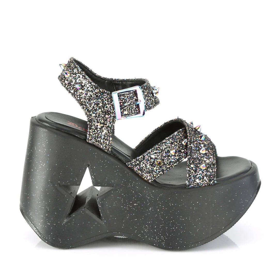 DEMONIA Dynamite-02 Black Multi Glitter Spike Goth Punk Star Cutout Wedge Sandal Heels