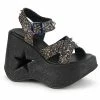 DEMONIA Dynamite-02 Black Multi Glitter Spike Goth Punk Star Cutout Wedge Sandal Heels